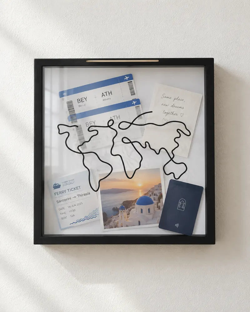 The honeymoon box: Two boarding passes, a ferry ticket, one sunset.