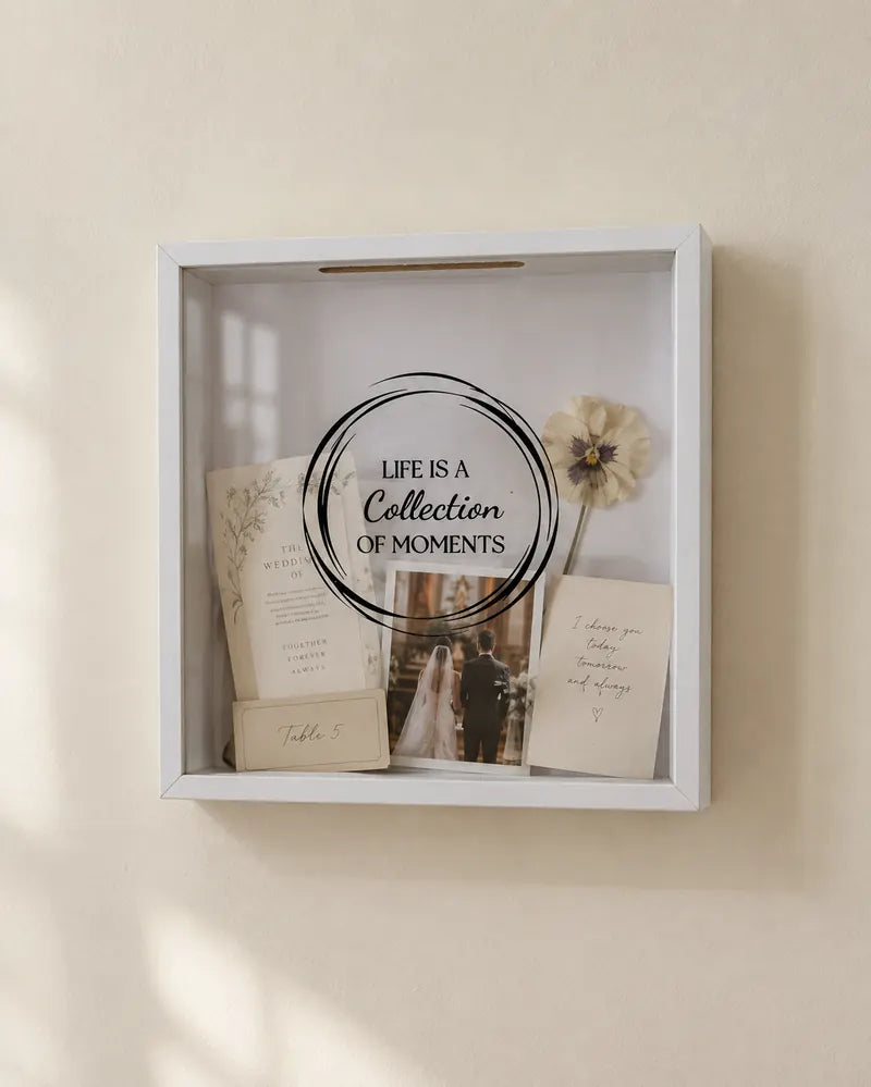 The wedding box: The invitation, a flower from the bouquet, the vows.