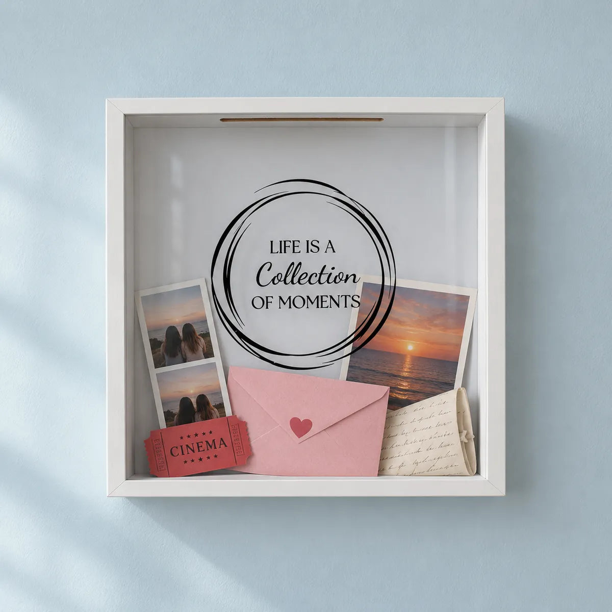 The same memories arranged in a Moments Box on the wall