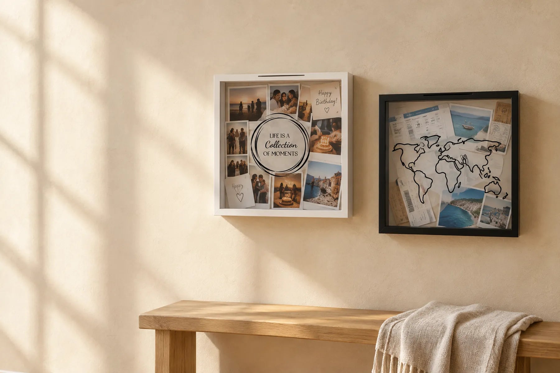 The Moments Box and Travel Box filled with photos, notes and tickets on a sunlit wall