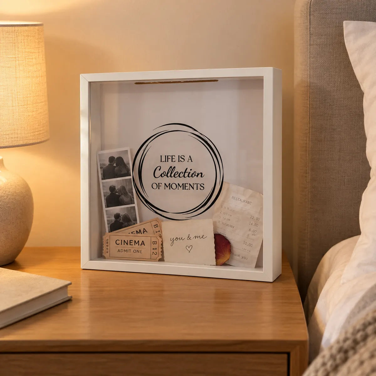 Moments Box standing on a bedside table