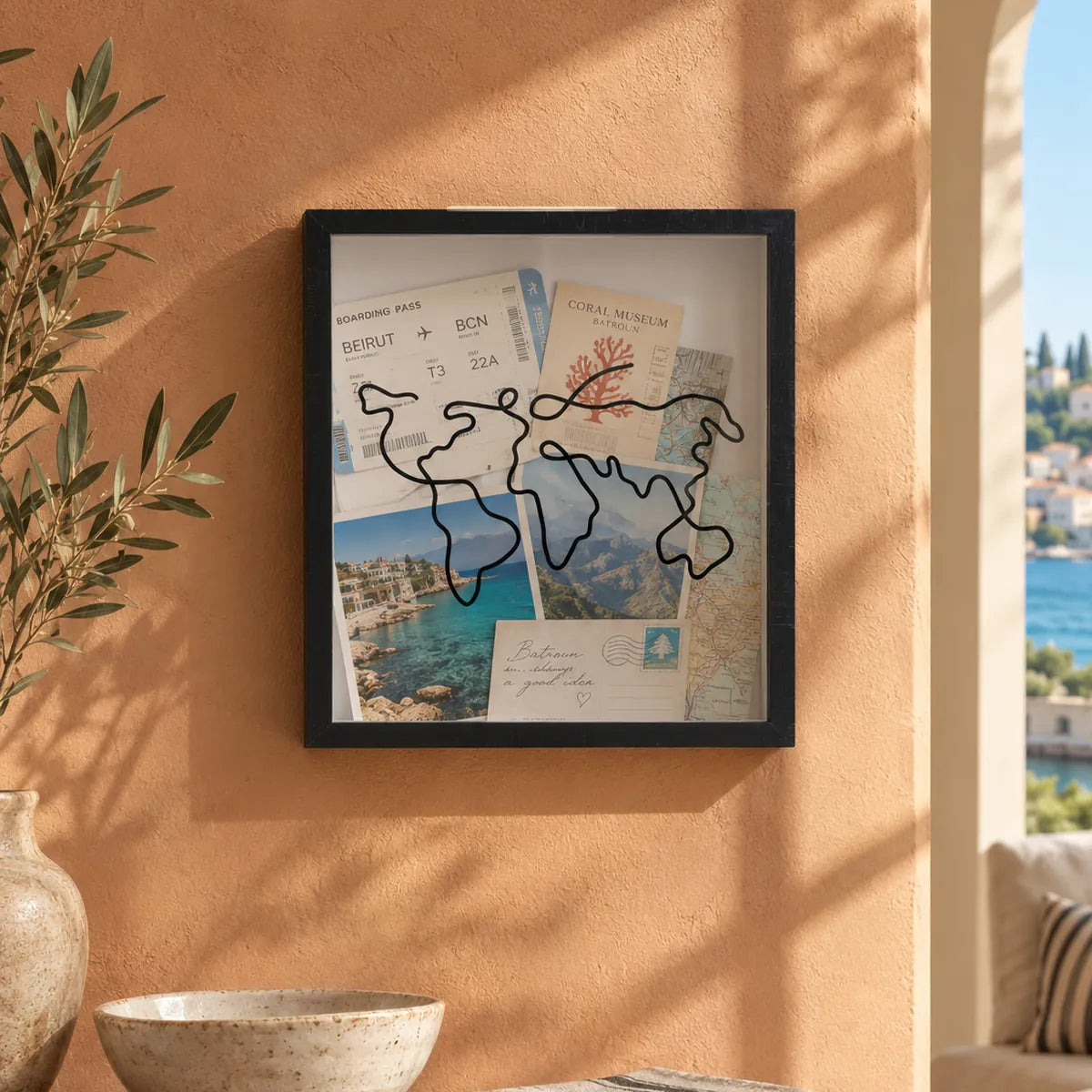 A filled Travel Box on the wall